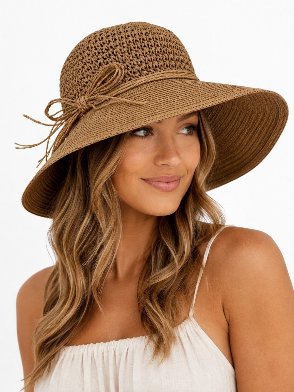 Women’s Packable Wide Brim Crochet Straw Sun Hat Brown Bow Beach Travel